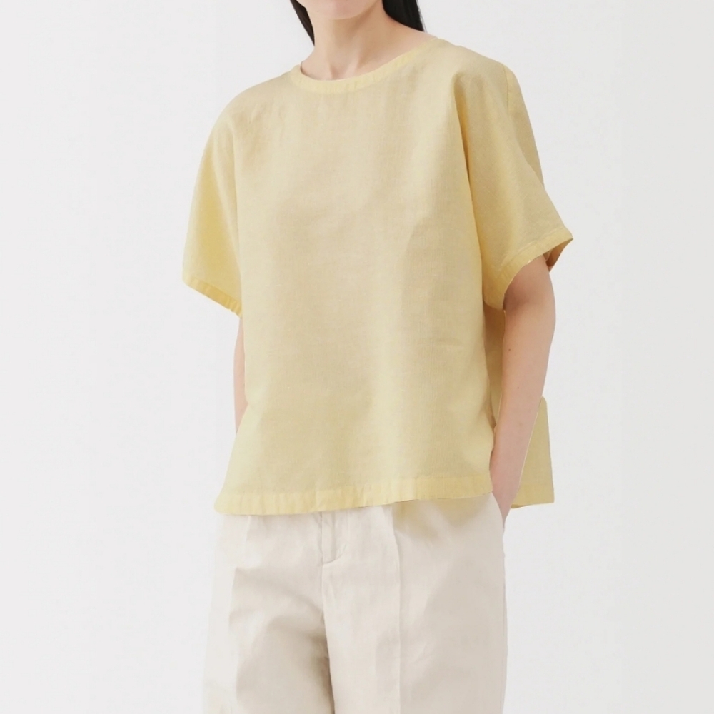 Muji Women's Hemp Cotton Short Sleeve Striped Blouse